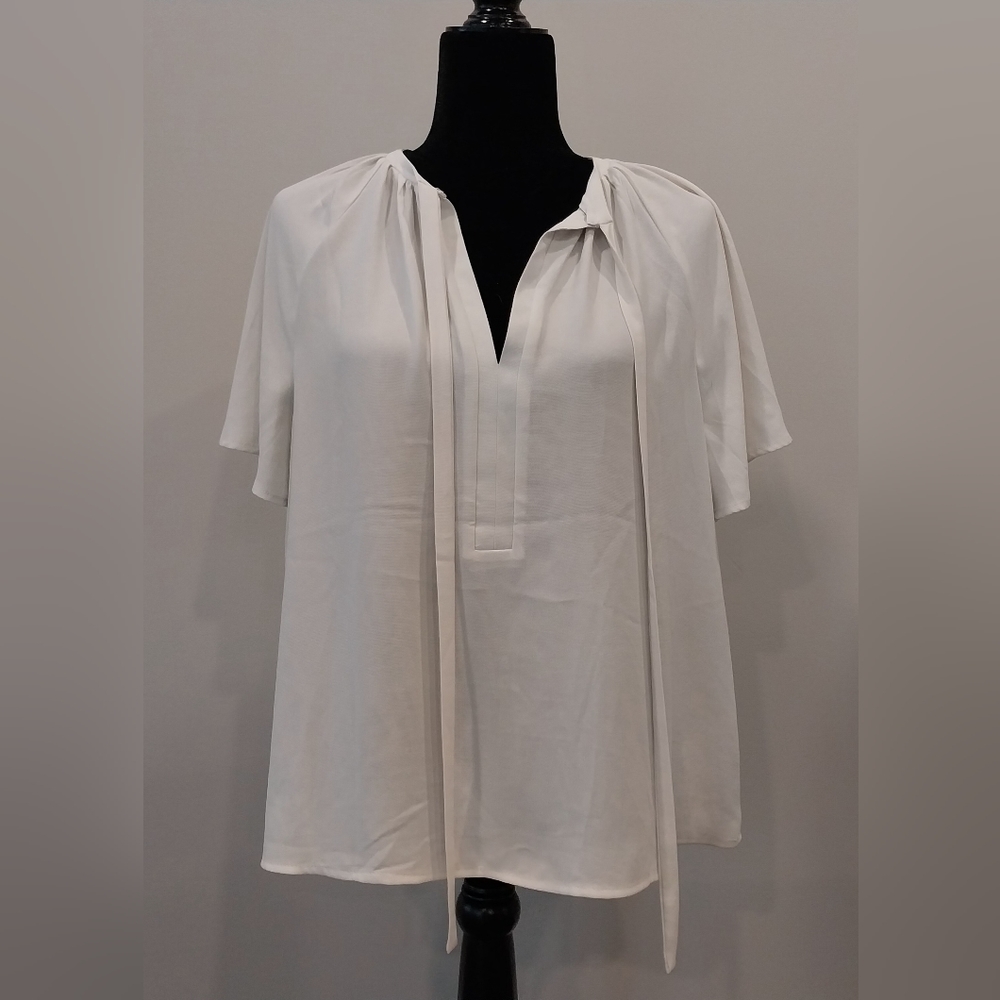 H&M Off-White short flutter sleeve string tie neckline  polyester Blouse Size S